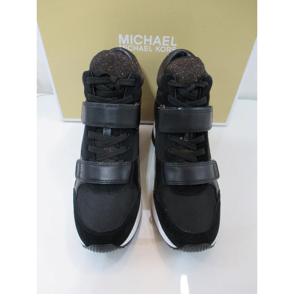 Michael Kors Gentry High Top Wedge Trainer Sneakers MK Logo Black Bronze Size 9 - Picture 4 of 7